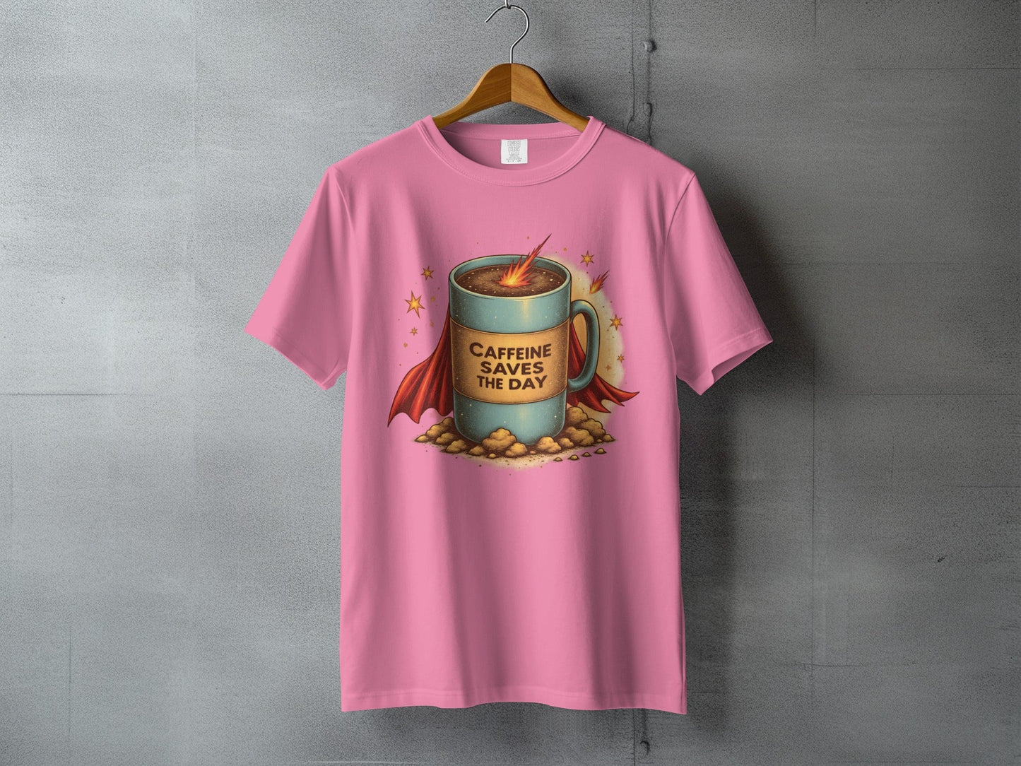 Caffeine Saves The Day Funny Coffee Super Hero T-Shirt - IconVexa