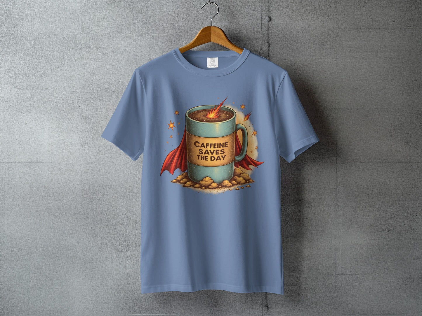Caffeine Saves The Day Funny Coffee Super Hero T-Shirt - IconVexa