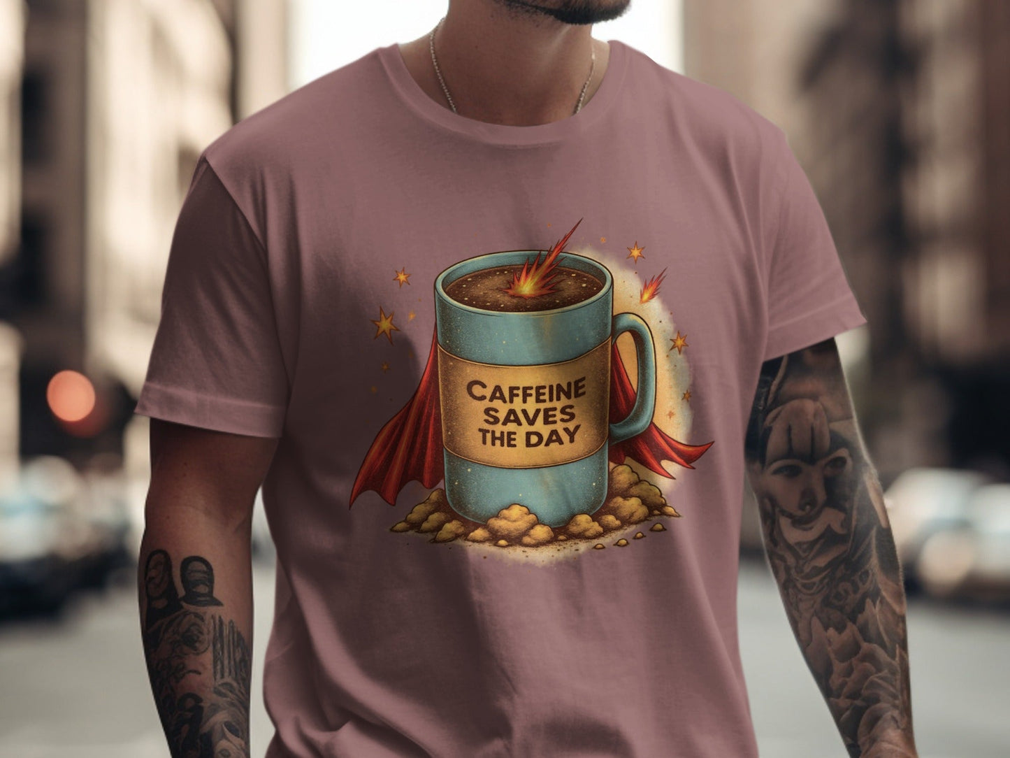 Caffeine Saves The Day Funny Coffee Super Hero T-Shirt - IconVexa