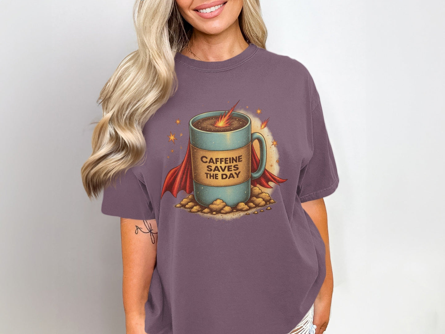 Caffeine Saves The Day Funny Coffee Super Hero T-Shirt - IconVexa