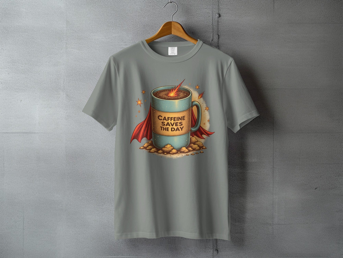 Caffeine Saves The Day Funny Coffee Super Hero T-Shirt - IconVexa