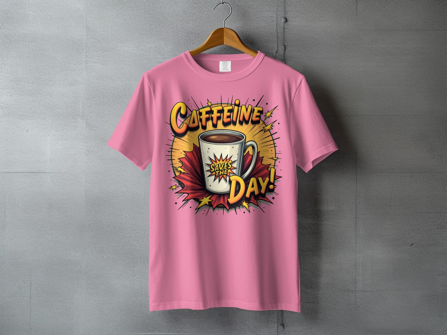 Caffeine Saves The Day! Graphic Novel Style Design T-Shirt - IconVexa