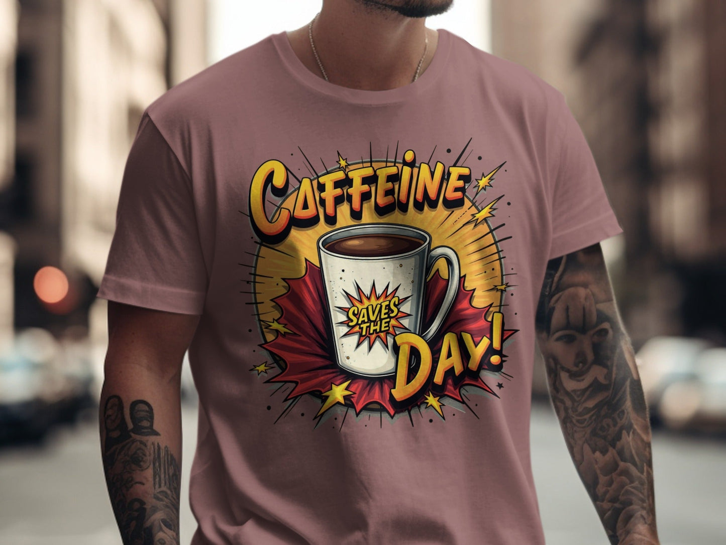 Caffeine Saves The Day! Graphic Novel Style Design T-Shirt - IconVexa