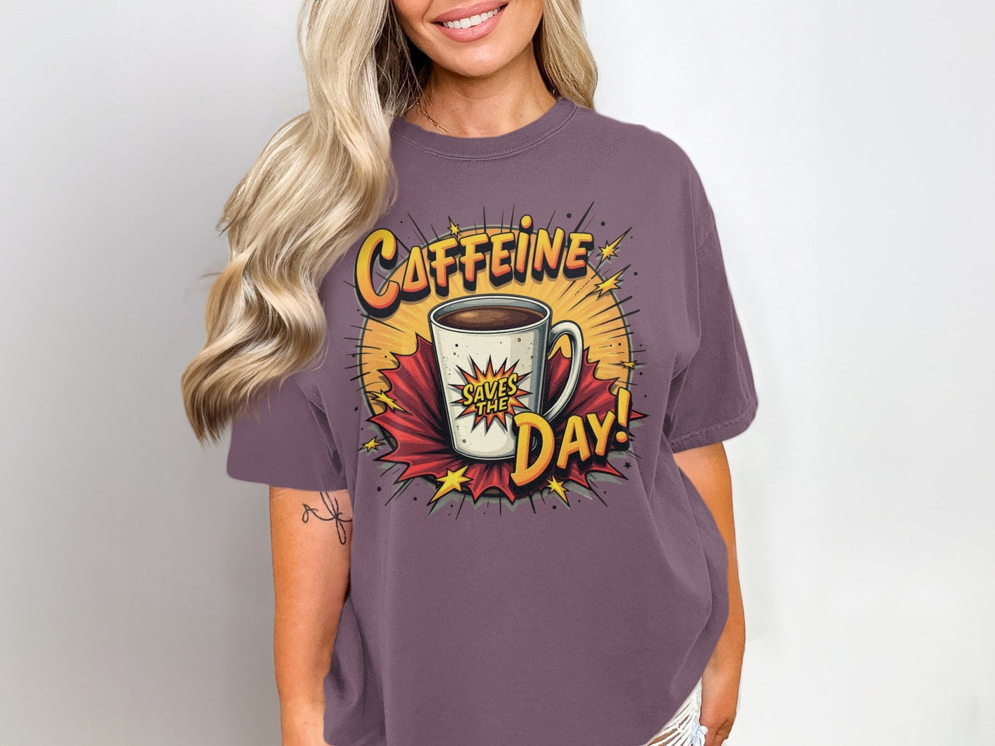 Caffeine Saves The Day! Graphic Novel Style Design T-Shirt - IconVexa