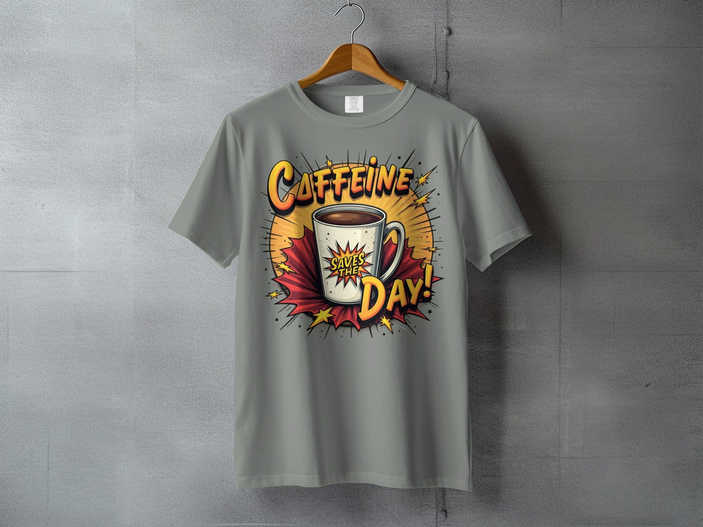 Caffeine Saves The Day! Graphic Novel Style Design T-Shirt - IconVexa