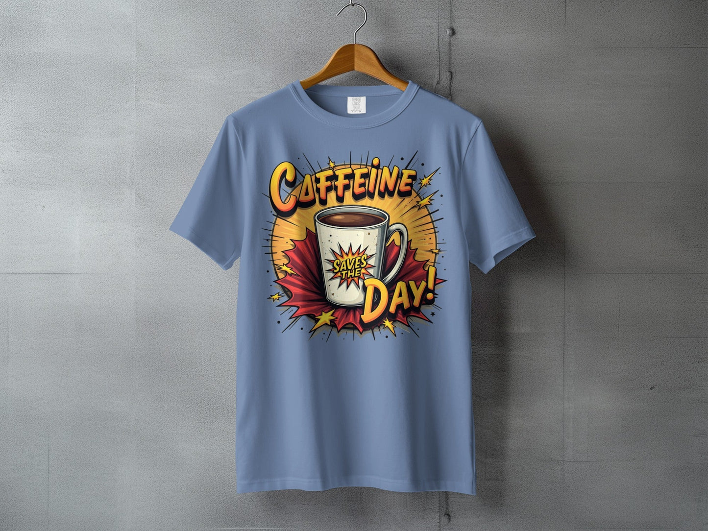 Caffeine Saves The Day! Graphic Novel Style Design T-Shirt - IconVexa