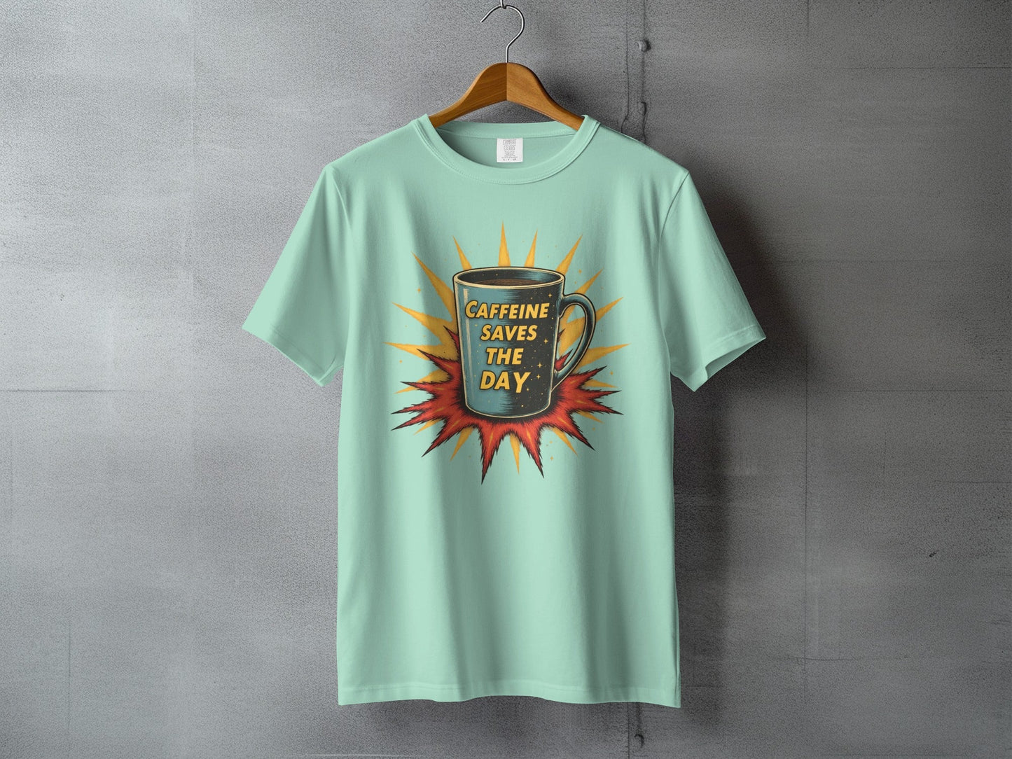 Caffeine Saves The Day Graphic Novelty Comic T-Shirt - IconVexa