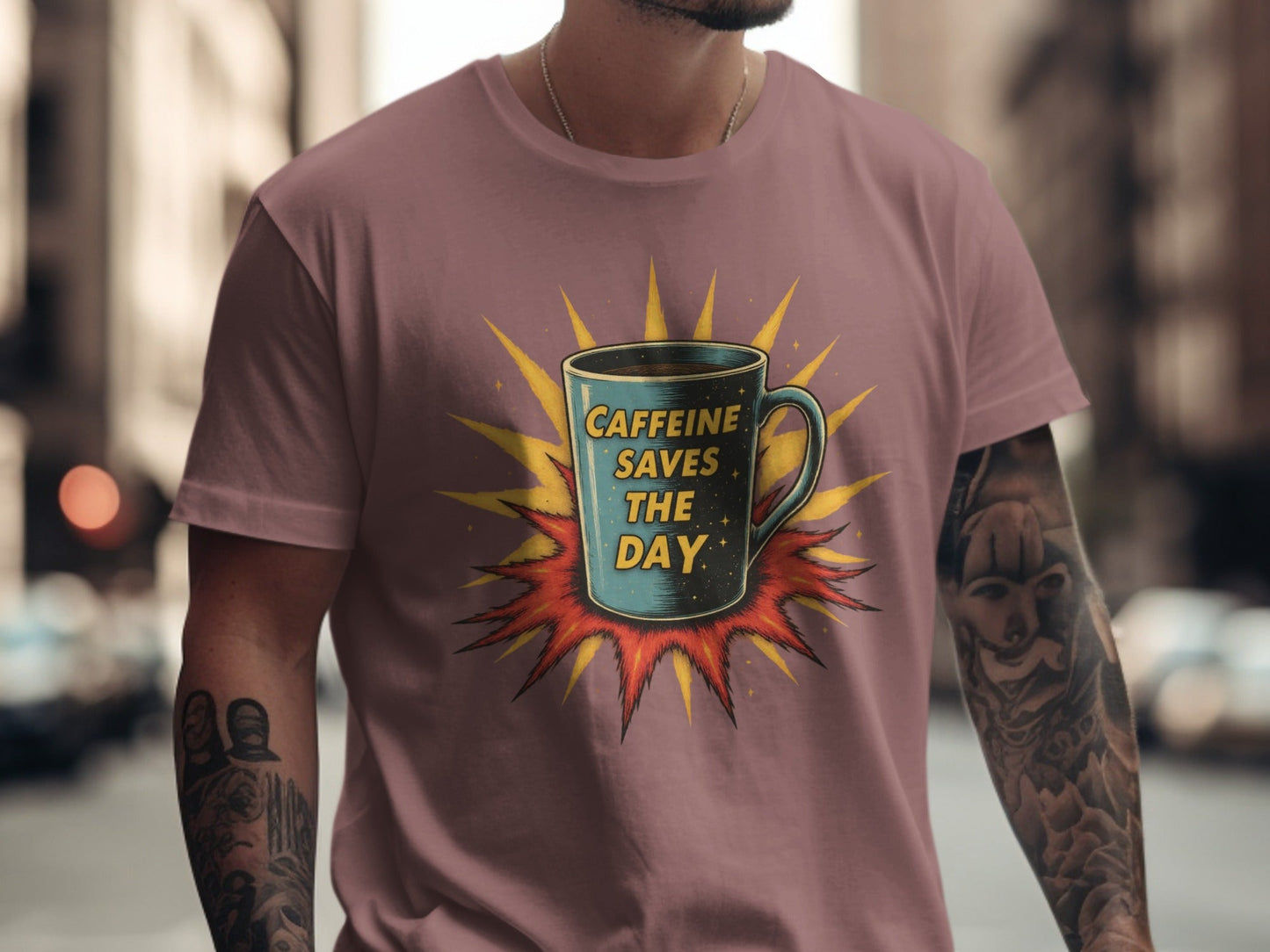 Caffeine Saves The Day Graphic Novelty Comic T-Shirt - IconVexa