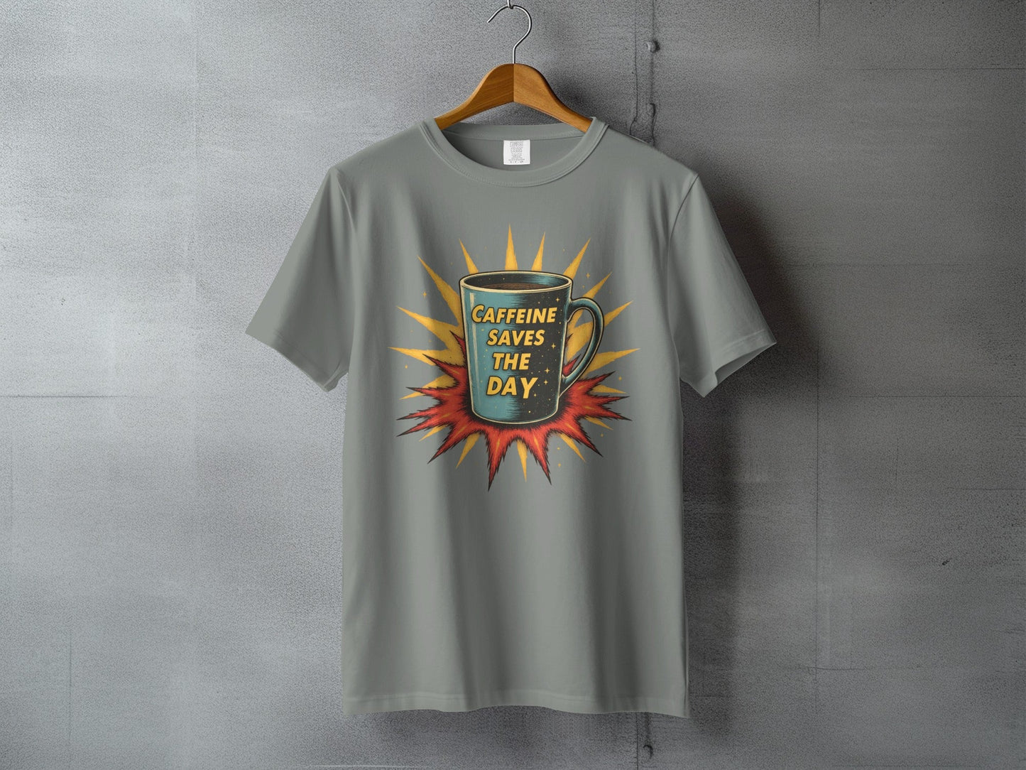 Caffeine Saves The Day Graphic Novelty Comic T-Shirt - IconVexa