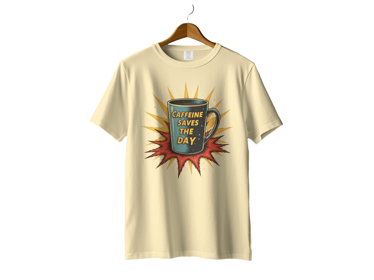 Caffeine Saves The Day Graphic Novelty Comic T-Shirt - IconVexa