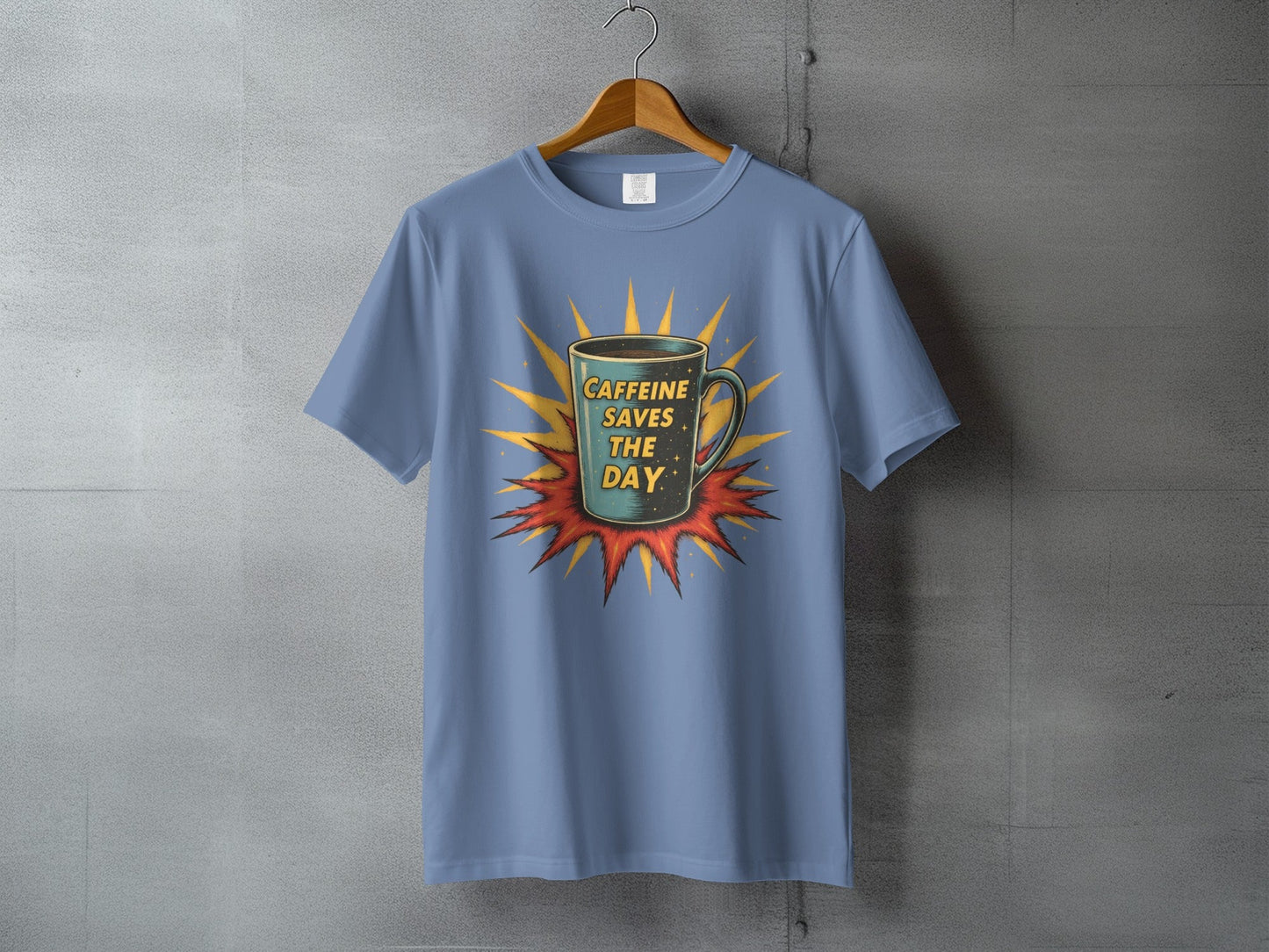 Caffeine Saves The Day Graphic Novelty Comic T-Shirt - IconVexa