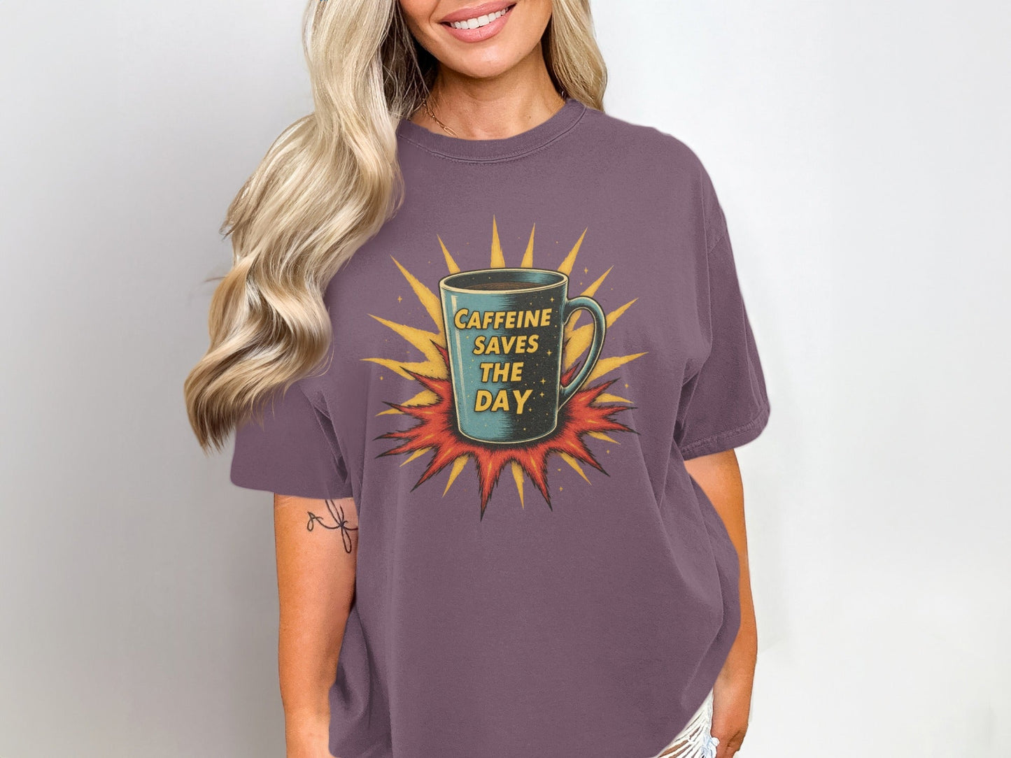 Caffeine Saves The Day Graphic Novelty Comic T-Shirt - IconVexa