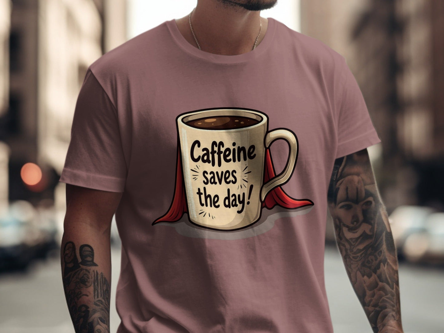 Caffeine Saves The Day Hero Coffee Lover Humor Graphic T-Shirt - IconVexa