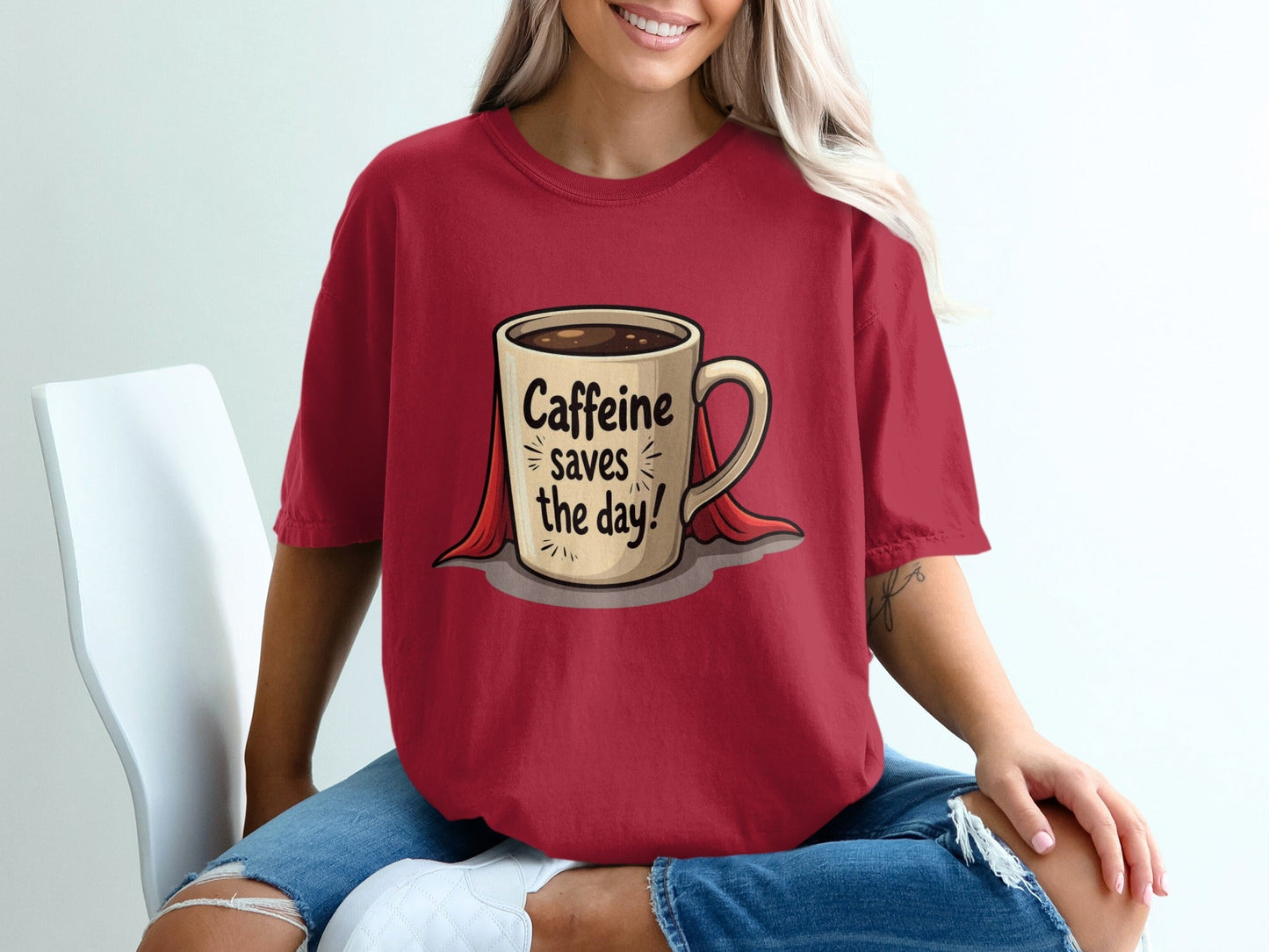 Caffeine Saves The Day Hero Coffee Lover Humor Graphic T-Shirt - IconVexa