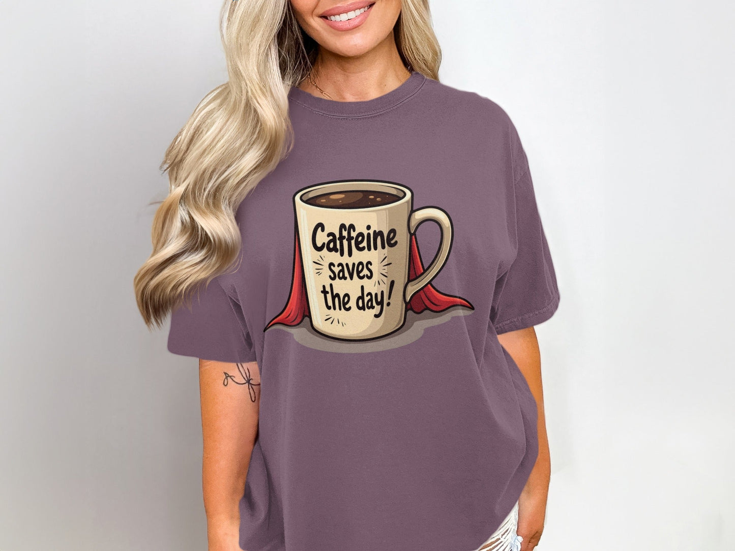 Caffeine Saves The Day Hero Coffee Lover Humor Graphic T-Shirt - IconVexa
