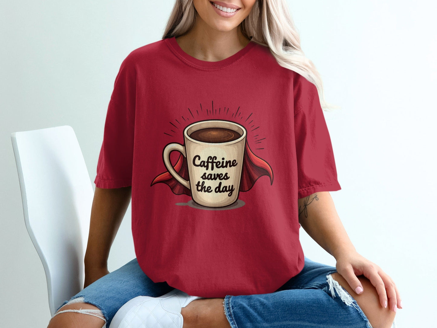 Caffeine Saves the Day Super Coffee Graphic Print T-Shirt - IconVexa