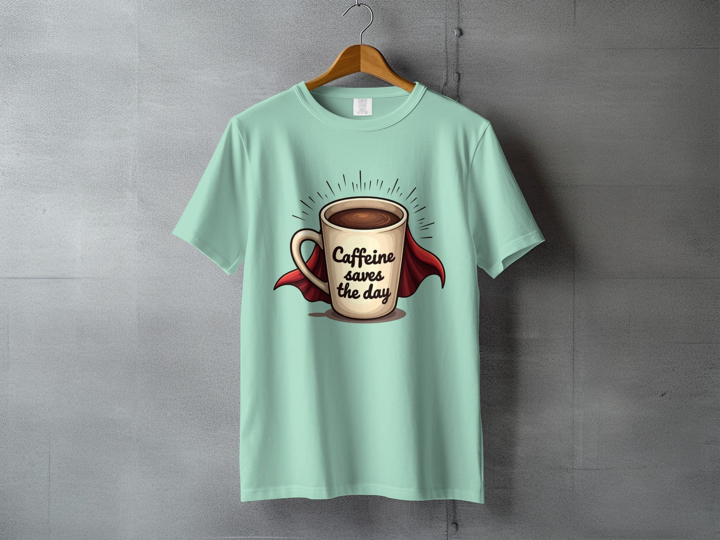Caffeine Saves the Day Super Coffee Graphic Print T-Shirt - IconVexa