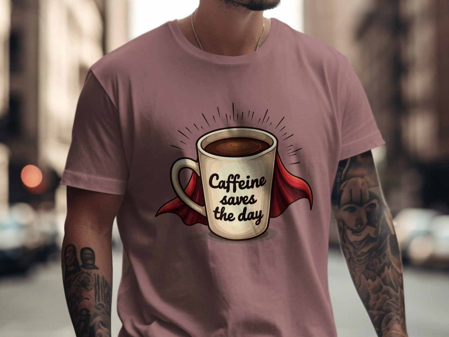 Caffeine Saves the Day Super Coffee Graphic Print T-Shirt - IconVexa