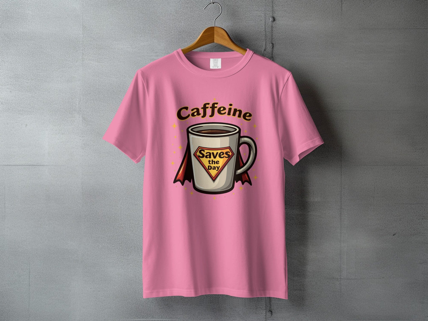 Caffeine Saves the Day Super Hero Coffee Cup T-Shirt - IconVexa