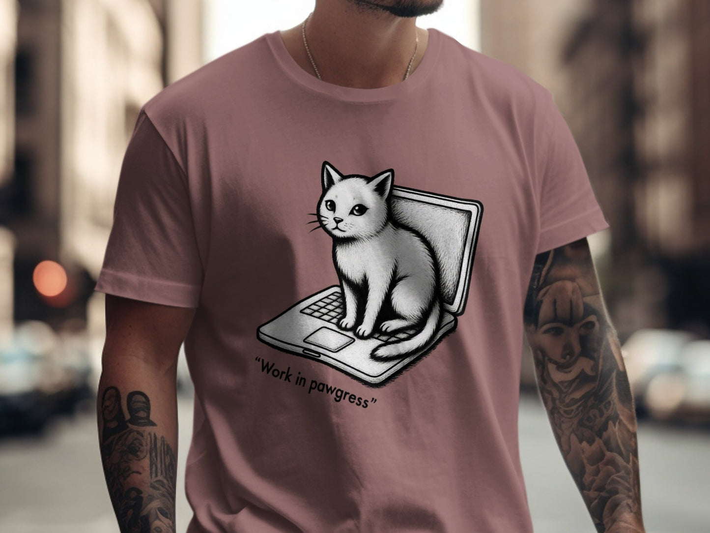 Cat on Laptop Work in Pawgress Graphic Design T-Shirt - IconVexa
