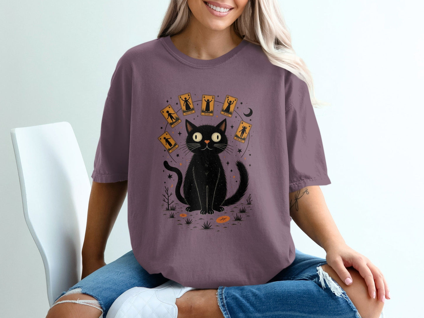 Cat Surrounded with Tarot Cards Graphic Printed T-Shirt - IconVexa