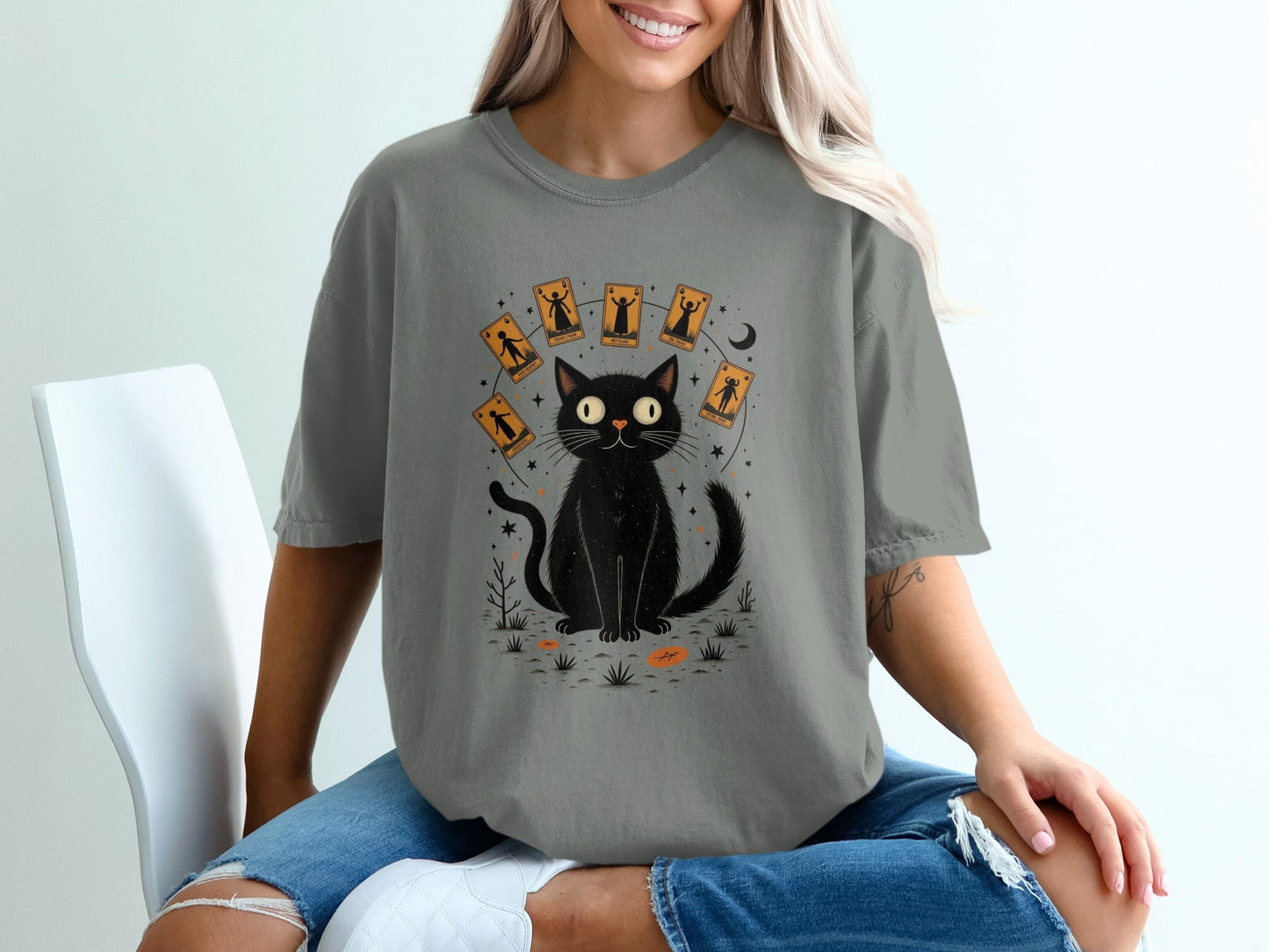 Cat Surrounded with Tarot Cards Graphic Printed T-Shirt - IconVexa