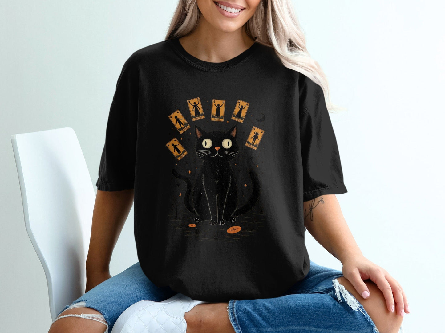 Cat Surrounded with Tarot Cards Graphic Printed T-Shirt - IconVexa