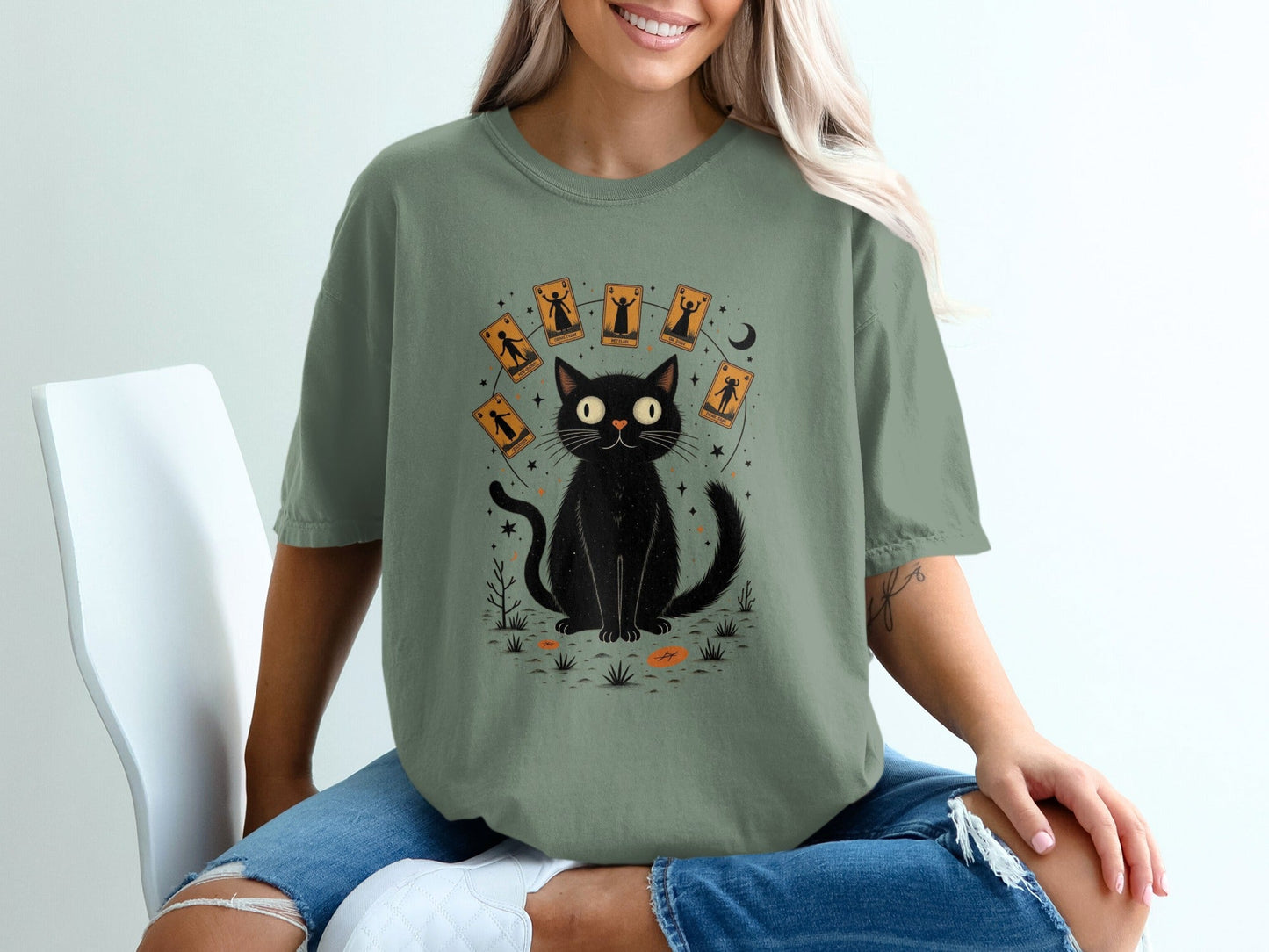 Cat Surrounded with Tarot Cards Graphic Printed T-Shirt - IconVexa
