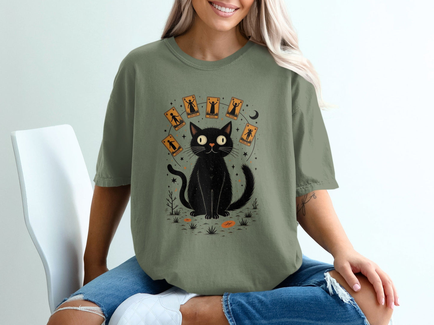 Cat Surrounded with Tarot Cards Graphic Printed T-Shirt - IconVexa