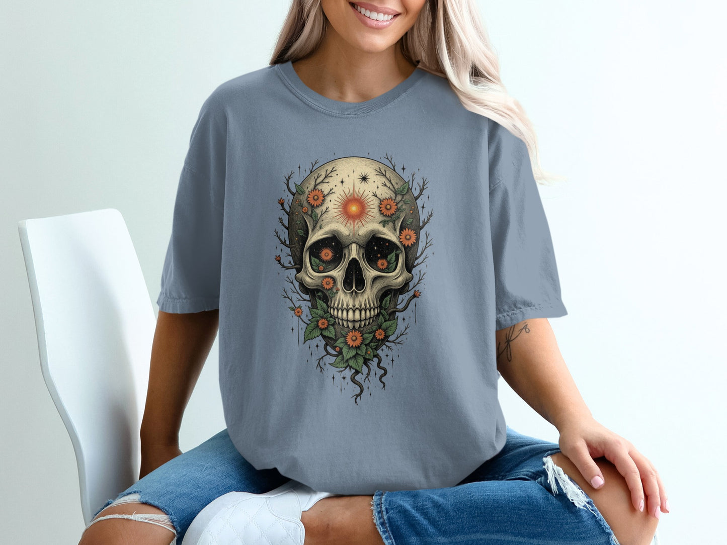 Floral Skull Graphic Design on Grey Oversized Shirt product