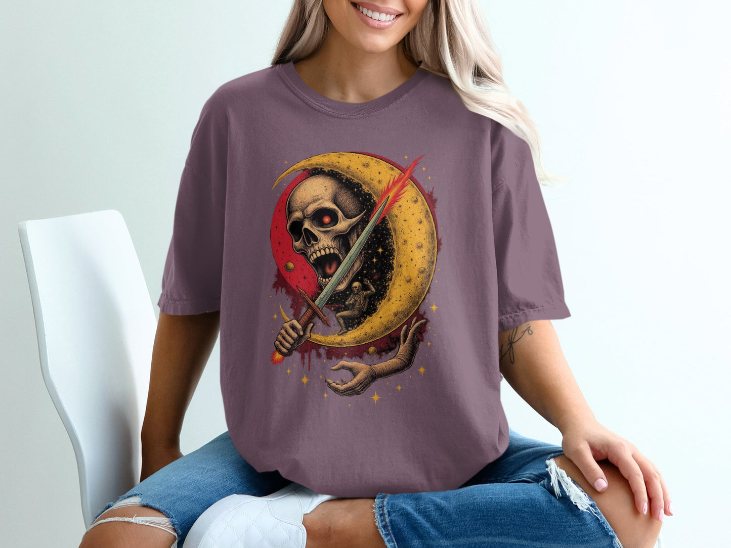 Striking Skull with Moon and Sword Graphic T-Shirt product type