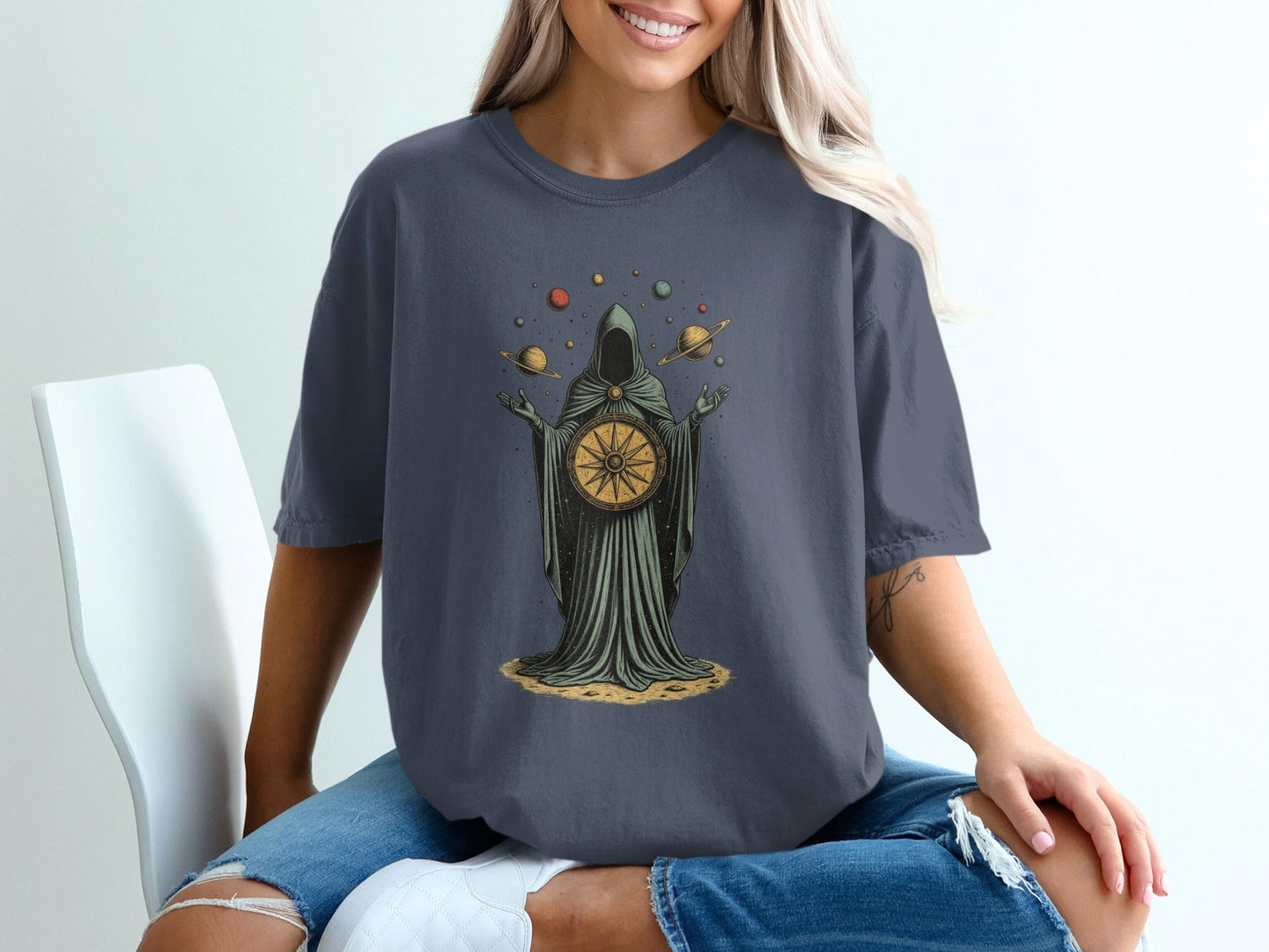 Celestial Guidance Planets Graphic Design Dark Theme T-Shirt - IconVexa