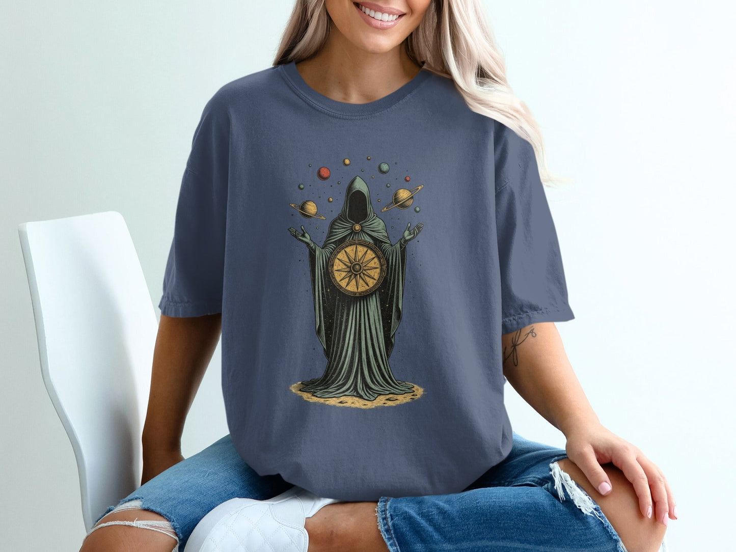 Celestial Guidance Planets Graphic Design Dark Theme T-Shirt - IconVexa