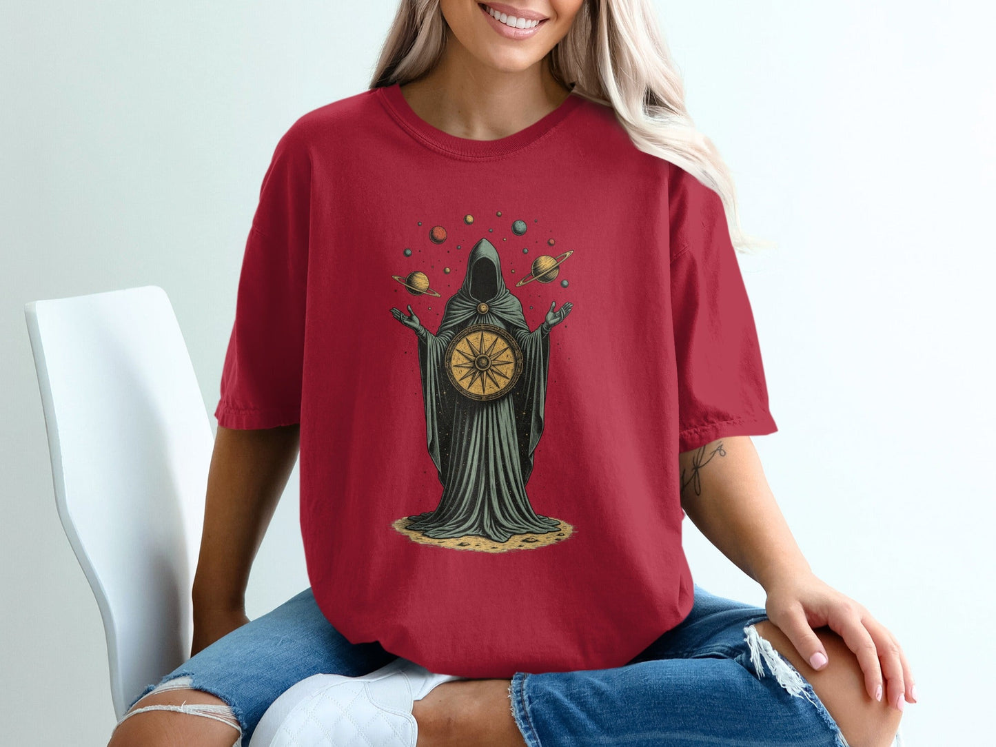 Celestial Guidance Planets Graphic Design Dark Theme T-Shirt - IconVexa