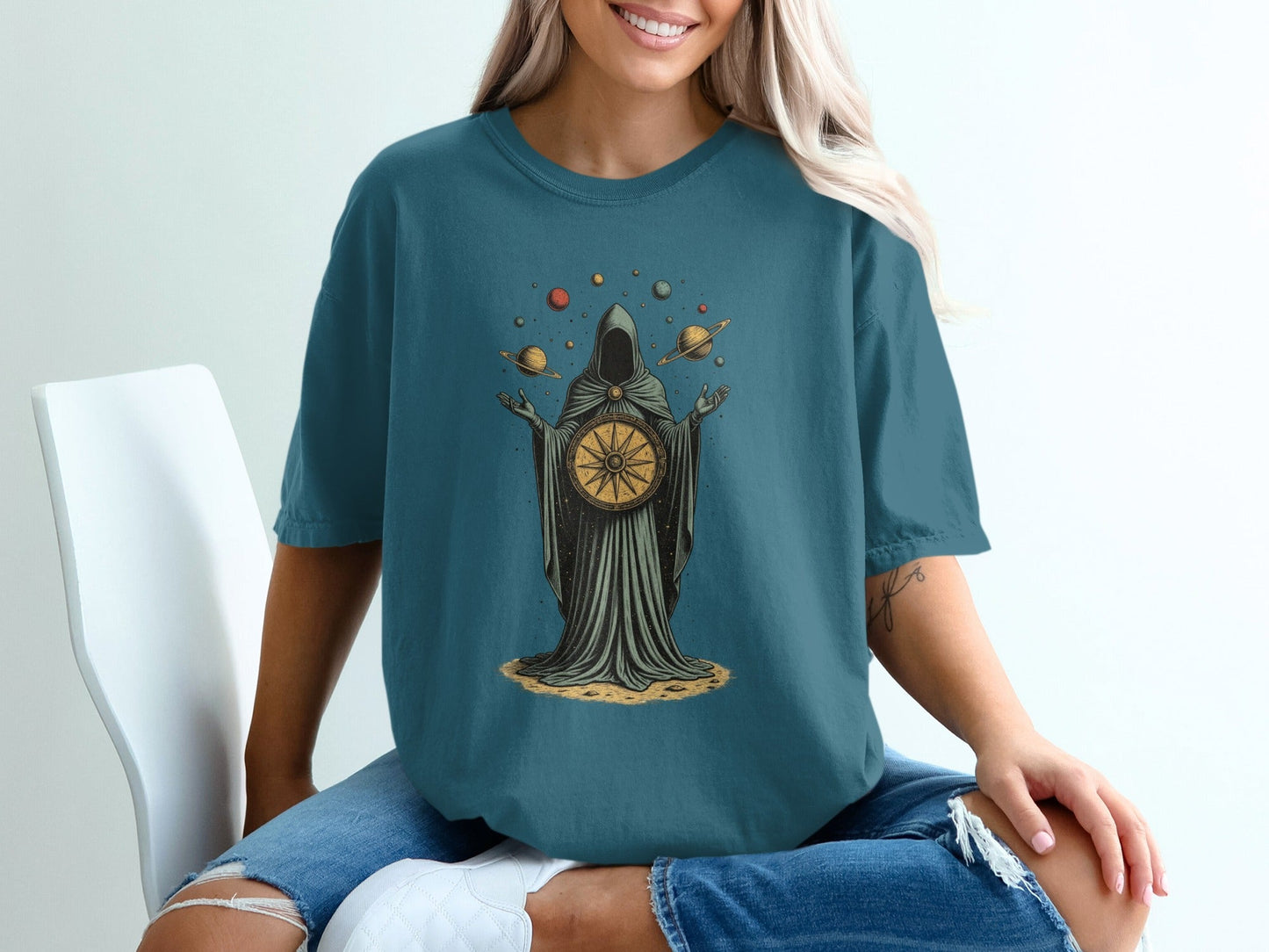 Celestial Guidance Planets Graphic Design Dark Theme T-Shirt - IconVexa