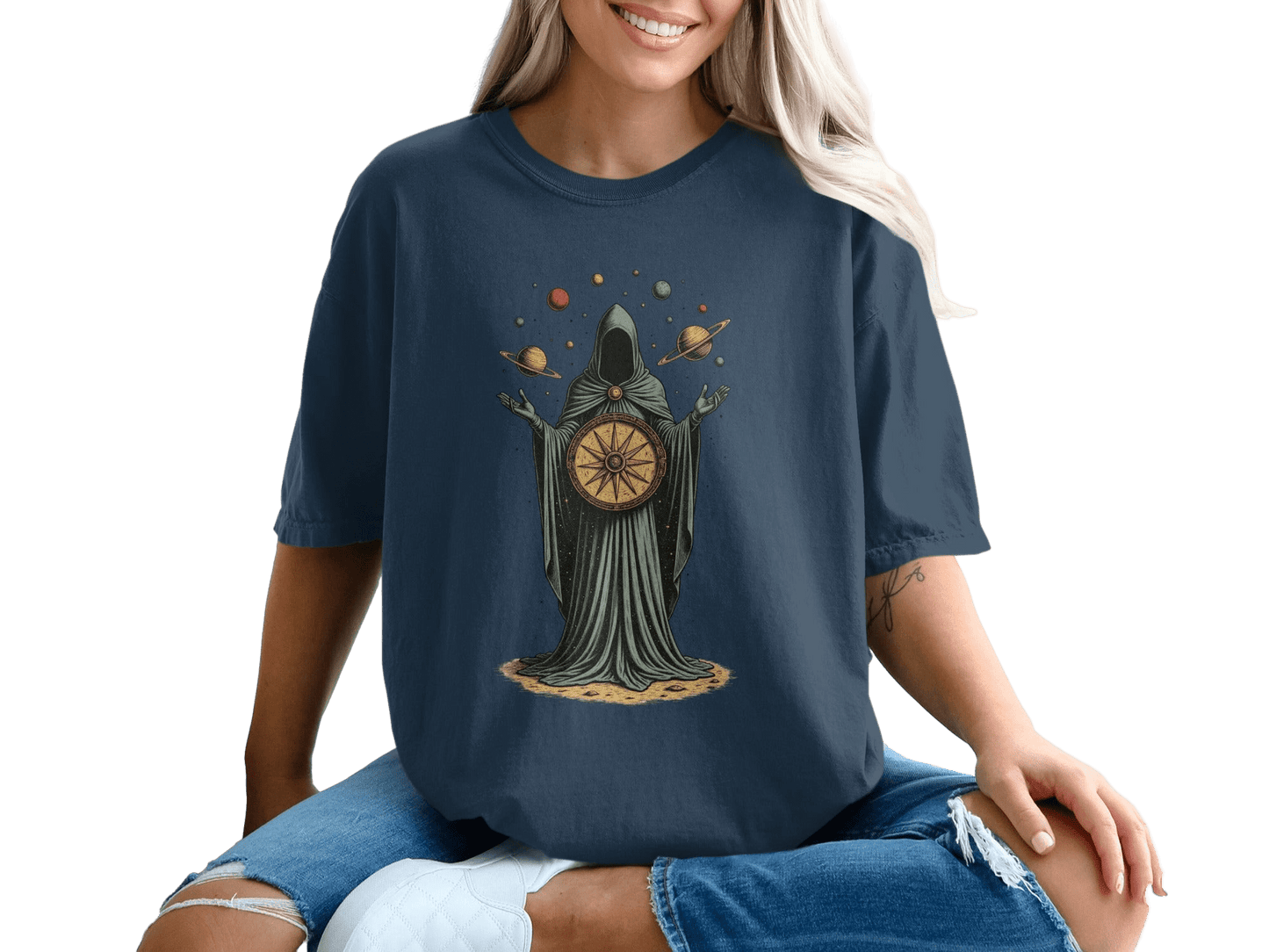 Celestial Guidance Planets Graphic Design Dark Theme T-Shirt - IconVexa