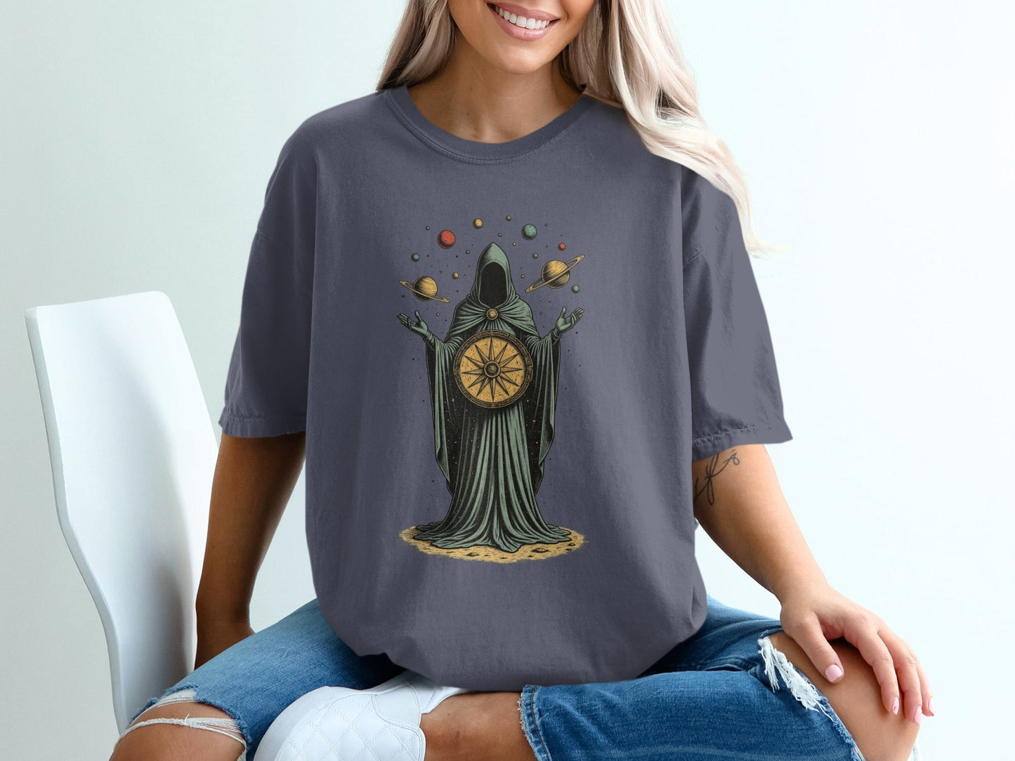 Celestial Guidance Planets Graphic Design Dark Theme T-Shirt - IconVexa