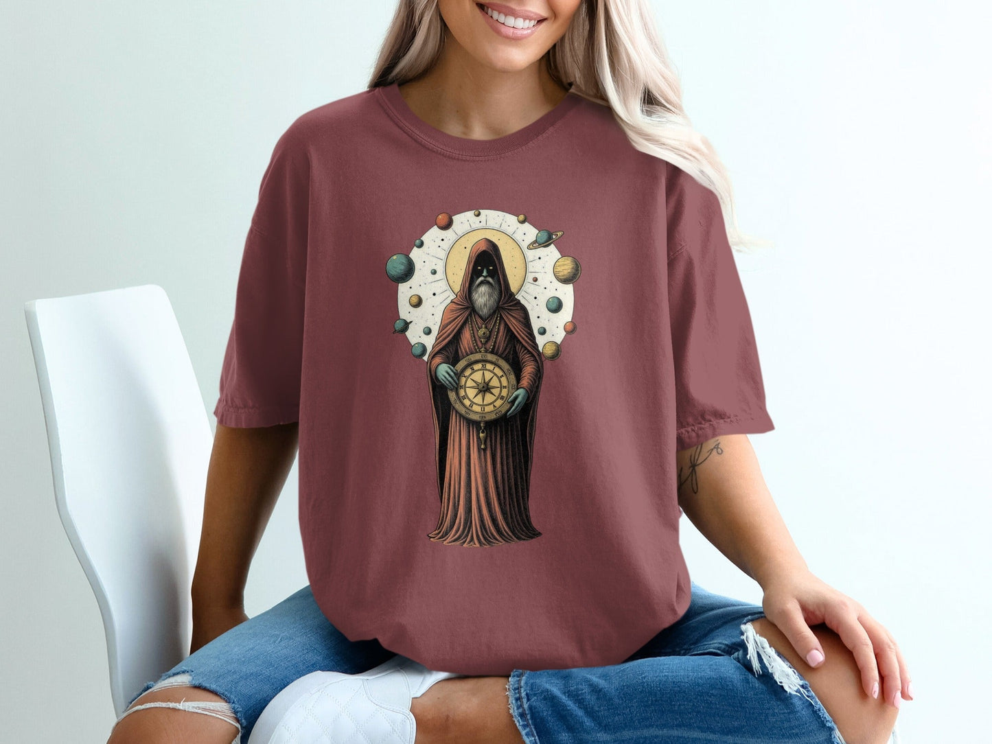 Celestial Guide With Planets Art Illustration T-Shirt - IconVexa