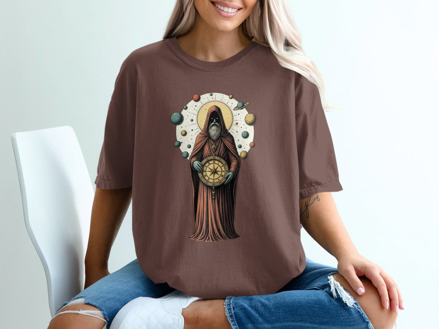 Celestial Guide With Planets Art Illustration T-Shirt - IconVexa
