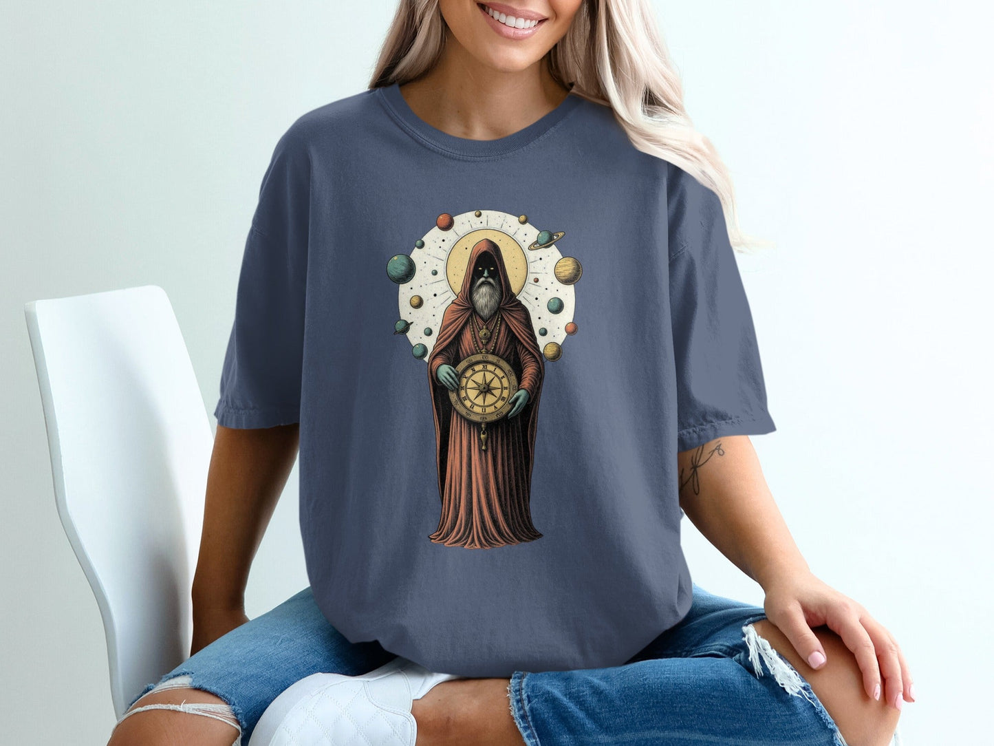 Celestial Guide With Planets Art Illustration T-Shirt - IconVexa