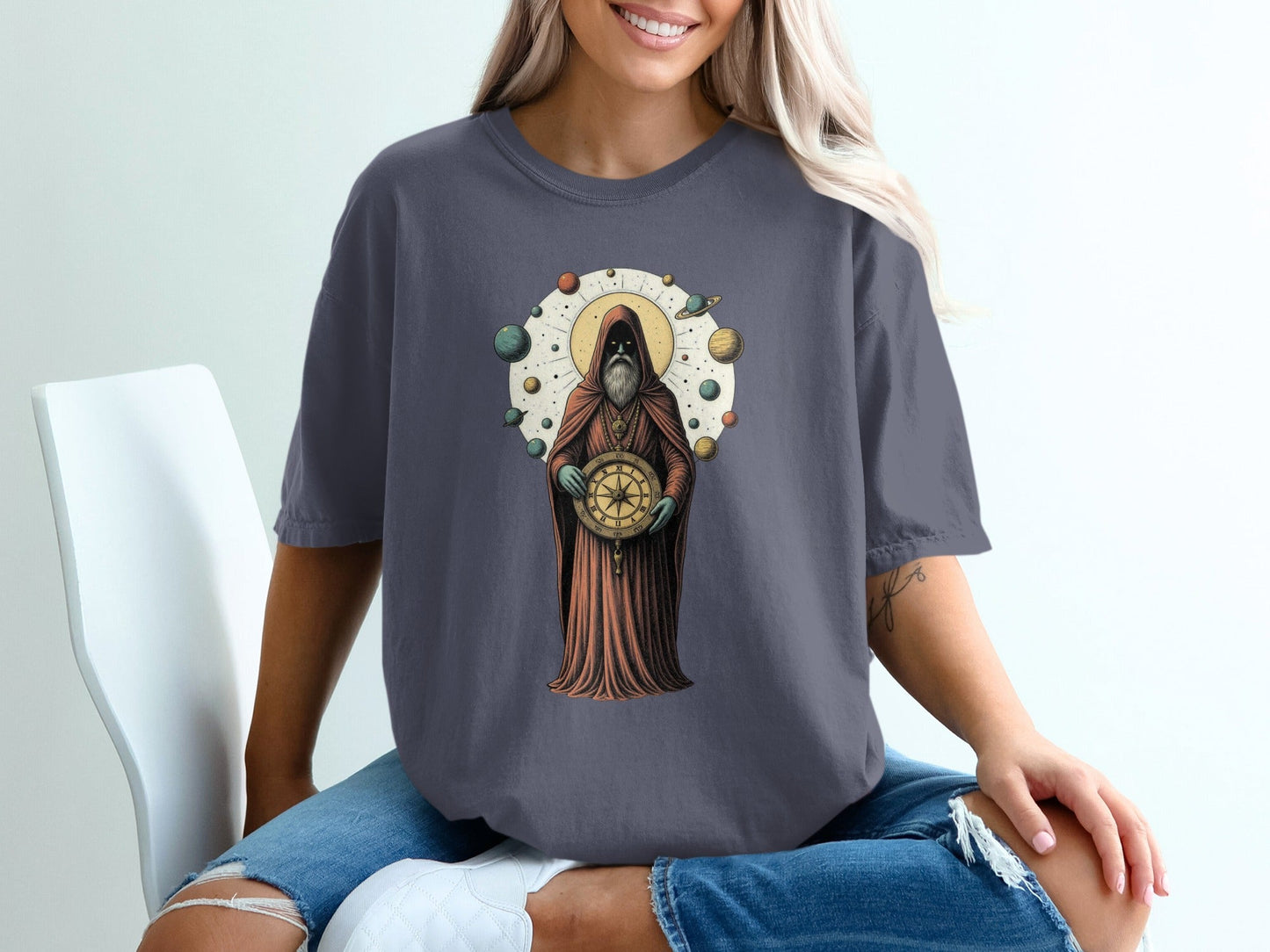 Celestial Guide With Planets Art Illustration T-Shirt - IconVexa
