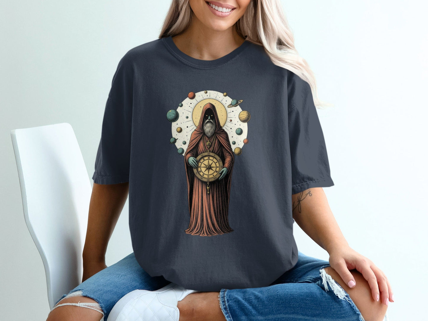 Celestial Guide With Planets Art Illustration T-Shirt - IconVexa
