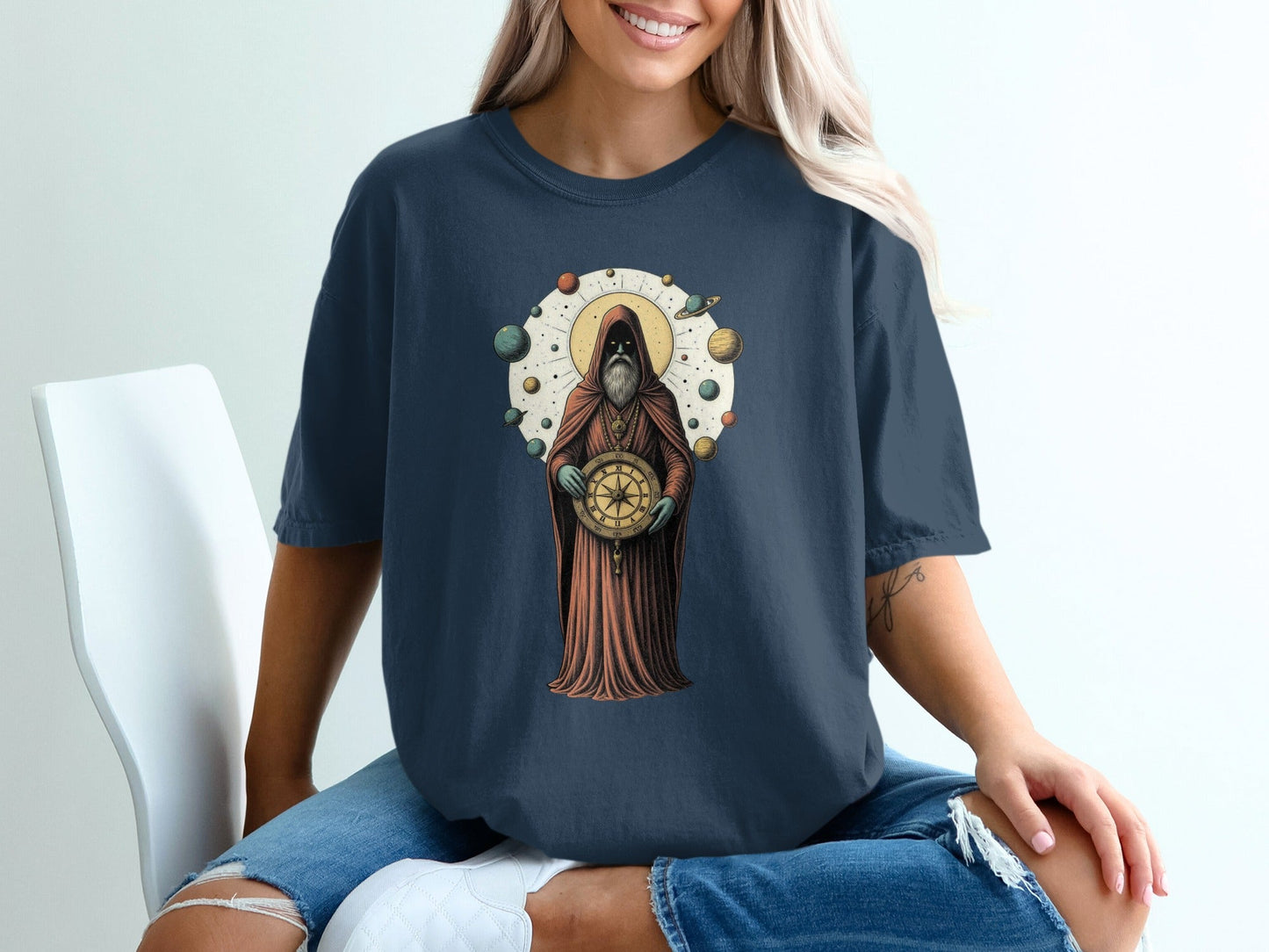 Celestial Guide With Planets Art Illustration T-Shirt - IconVexa