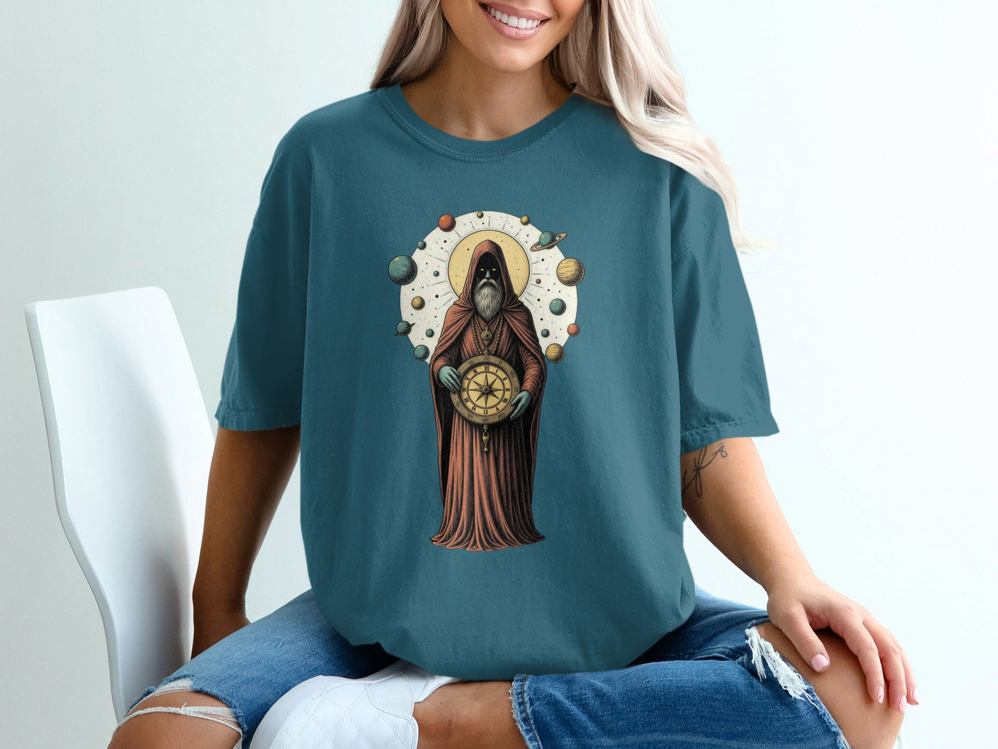 Celestial Guide With Planets Art Illustration T-Shirt - IconVexa
