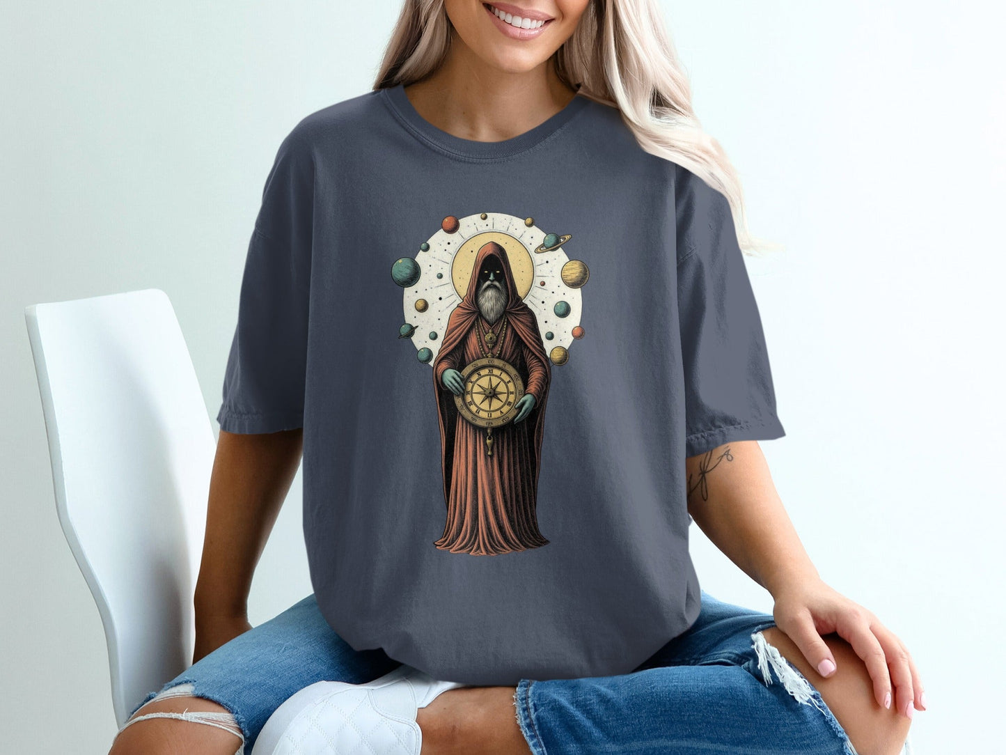 Celestial Guide With Planets Art Illustration T-Shirt - IconVexa
