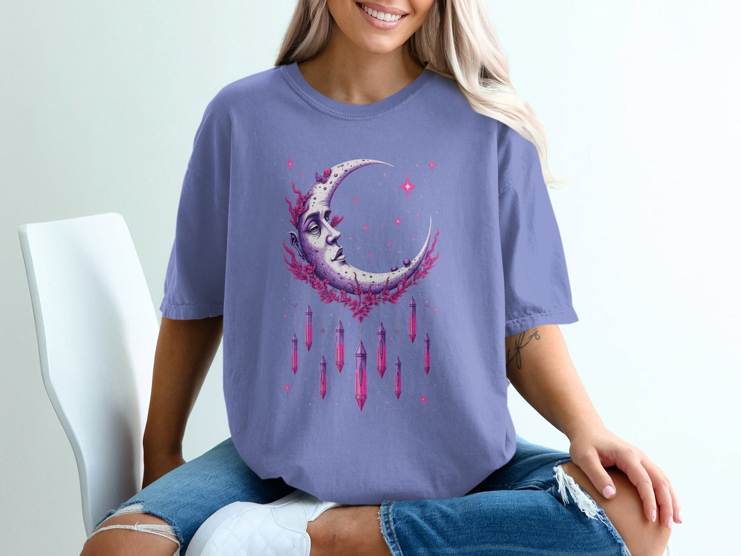 Celestial Moon Woman With Crystals Mystical Night Sky T-Shirt - IconVexa
