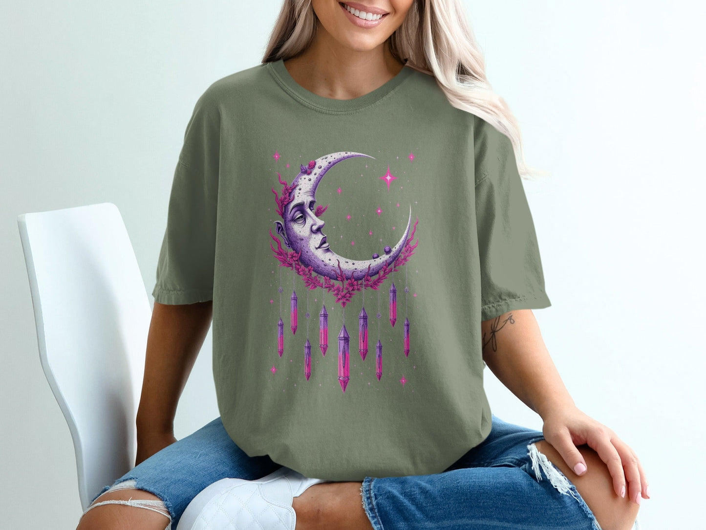 Celestial Moon Woman With Crystals Mystical Night Sky T-Shirt - IconVexa