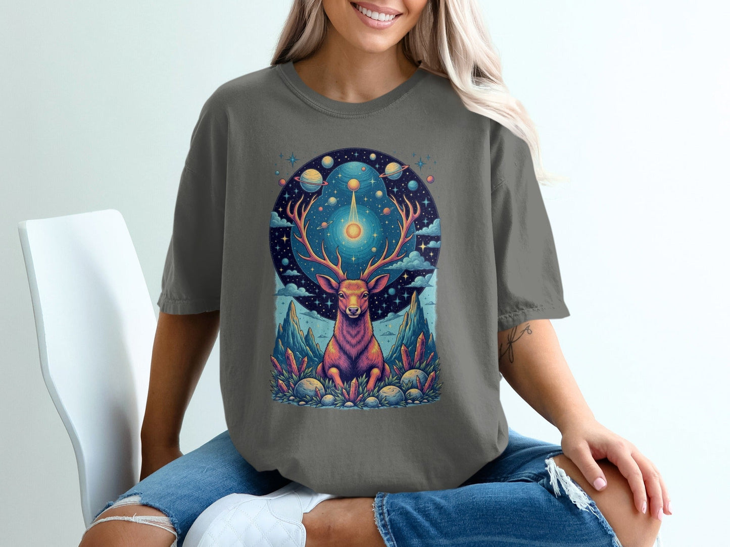 Celestial Stag Among Stars Fantasy World Graphic T-Shirt - IconVexa