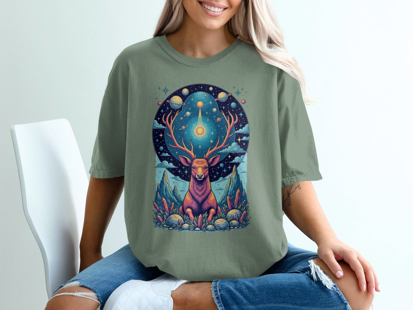 Celestial Stag Among Stars Fantasy World Graphic T-Shirt - IconVexa