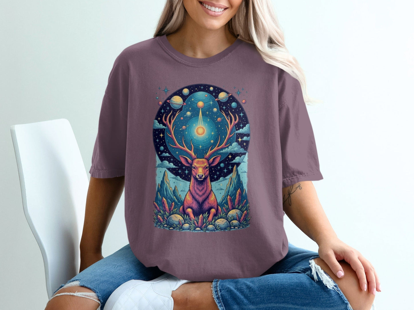 Celestial Stag Among Stars Fantasy World Graphic T-Shirt - IconVexa
